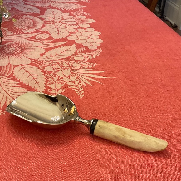 Fabulous perfect ice scoop. Beautiful carved horn handle. Mint.Nice heavy weight